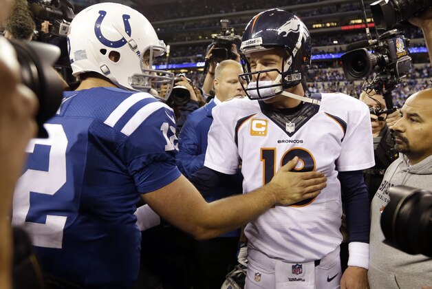 FILE - In this Oct. 20, 2013, file photo, file photo, Denver Broncos quarterback Peyton Manning, right, greets Indianapolis Colts quarterback Andrew Luck (12) after an NFL football game in Indianapolis. The 2013 division winners play on Sunday. (AP Photo/Michael Conroy, File)