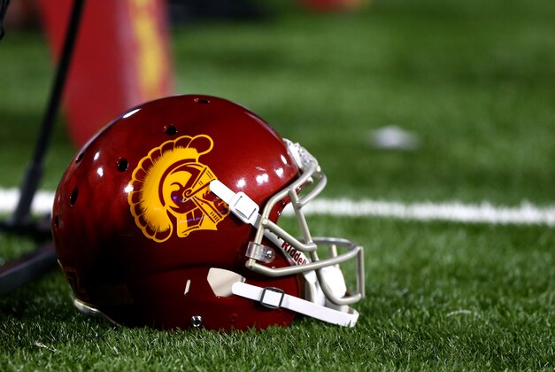 Oct 11, 2014; Tucson, AZ, USA; Detailed view of a Southern California Trojans helmet during the game against the Arizona Wildcats at Arizona Stadium. The Trojans defeated the Wildcats 28-26. Mandatory Credit: Mark J. Rebilas-USA TODAY Sports