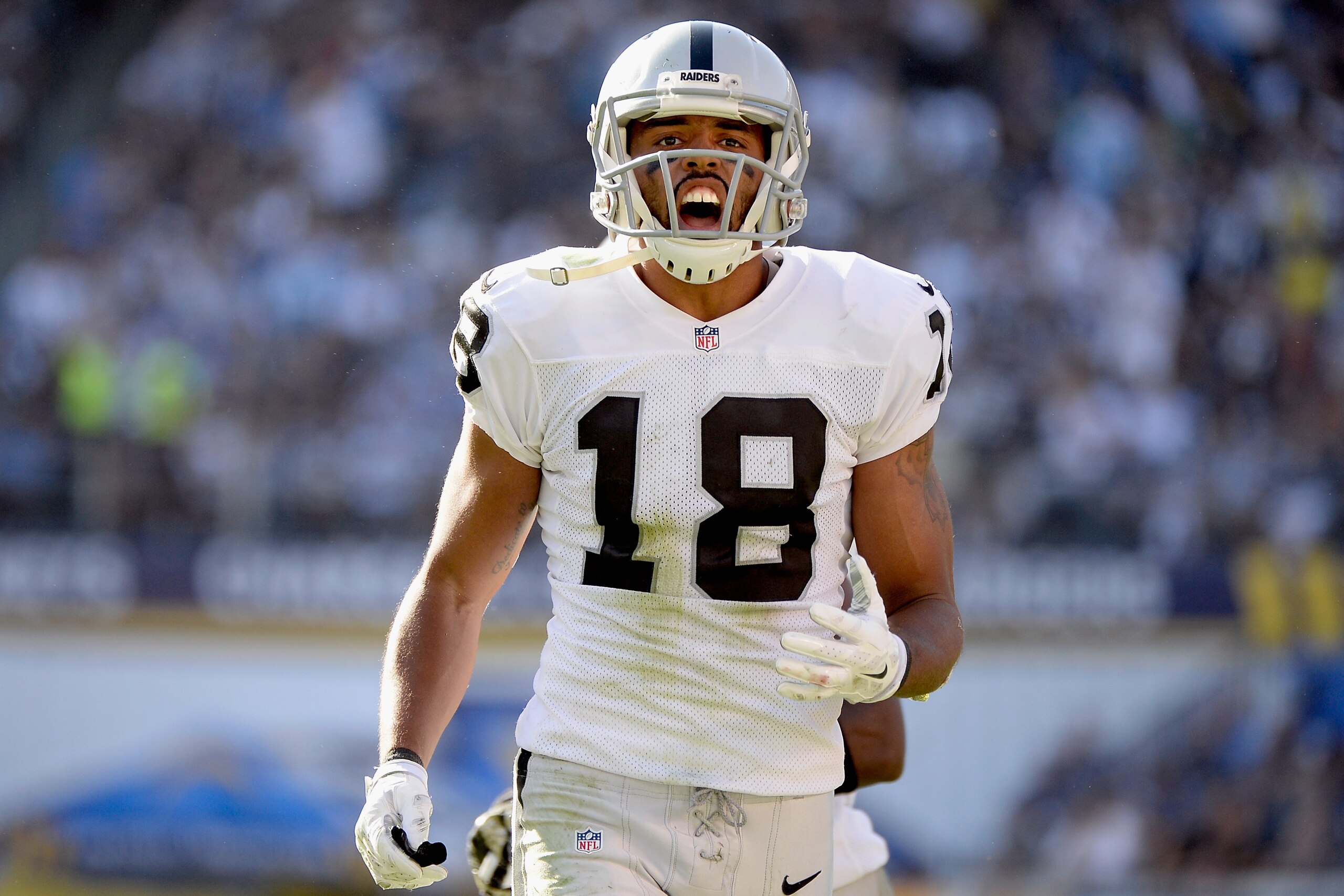 SAN DIEGO, CA - NOVEMBER 16:  Andre Holmes #18 of the Oakland Raiders calls for a holding penalty in the second half of the game against the San Diego Chargers at Qualcomm Stadium on November 16, 2014 in San Diego, California.  (Photo by Harry How/Getty Images)
