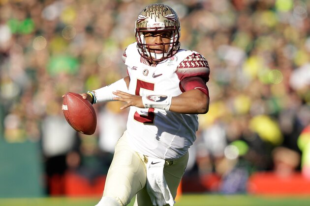 PASADENA, CA - JANUARY 01:  Quarterback Jameis Winston #5 of the Florida State Seminoles runs with the ball against the Oregon Ducks in the first quarter of the College Football Playoff Semifinal at the Rose Bowl Game presented by Northwestern Mutual at the Rose Bowl on January 1, 2015 in Pasadena, California.  (Photo by Ezra Shaw/Getty Images)