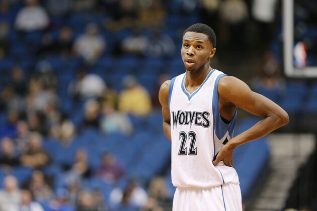 MINNEAPOLIS, MN -  JANUARY 5: Andrew Wiggins #22 of the Minnesota Timberwolves during the game against the Denver Nuggets on January 5, 2015 at Target Center in Minneapolis, Minnesota. NOTE TO USER: User expressly acknowledges and agrees that, by downloading and or using this Photograph, user is consenting to the terms and conditions of the Getty Images License Agreement. Mandatory Copyright Notice: Copyright 2015 NBAE (Photo by Jordan Johnson/NBAE via Getty Images)