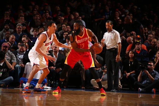 NEW YORK, NY - JANUARY 8:  James Harden #13 of the Houston Rockets handles the ball against Pablo Prigioni #9 of the New York Knicks on January 8, 2015 at Madison Square Garden in New York City.  NOTE TO USER: User expressly acknowledges and agrees that, by downloading and or using this Photograph, user is consenting to the terms and conditions of the Getty Images License Agreement. Mandatory Copyright Notice: Copyright 2015 NBAE (Photo by Nathaniel S. Butler/NBAE via Getty Images)