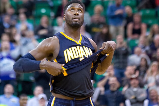 Jan 5, 2015; Salt Lake City, UT, USA; Indiana Pacers center Roy Hibbert (55) leaves the game after fouling out during the second half against the Utah Jazz at EnergySolutions Arena. Indiana won 105-101. Mandatory Credit: Russ Isabella-USA TODAY Sports