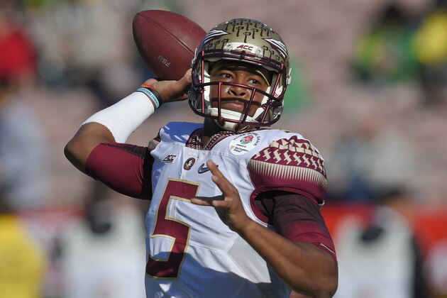 In this Jan. 1, 2015 file photo, Florida State quarterback Jameis Winston passes against Oregon during the first half of the Rose Bowl NCAA college football playoff semifinal, in Pasadena, Calif. Winston declared himself eligible for the NFL draft Wednesday, Jan. 7, 2015,  the same day the woman who accused him of rape filed a lawsuit against the university saying it failed to properly investigate her allegations.(AP Photo/Mark J. Terrill, File)