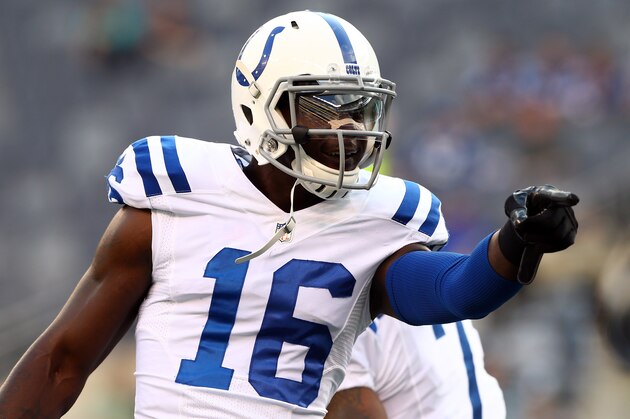 EAST RUTHERFORD, NJ - AUGUST 07: Wide receiver Da'Rick Rogers #16 of the Indianapolis Colts looks  on prior to a preseason game against the New York Jets at MetLife Stadium on August 7, 2014 in East Rutherford, New Jersey.  (Photo by Elsa/Getty Images)