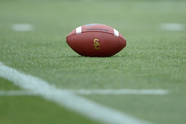 Apr 13, 2013; Los Angeles, CA, USA; General view of a Nike football with the Southern California Trojans logo on the field during the spring game at the Los Angeles Memorial Coliseum. Mandatory Credit: Kirby Lee-USA TODAY Sports