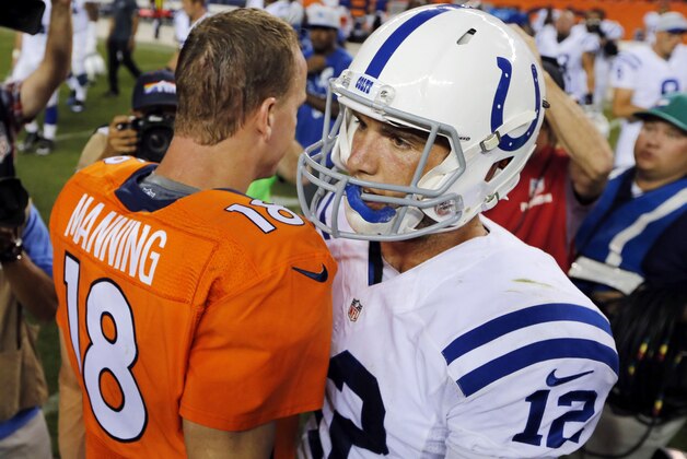 Denver Broncos quarterback Peyton Manning (18) greets Indianapolis Colts quarterback Andrew Luck (12) after an NFL football game, Sunday, Sept. 7, 2014, in Denver. The Broncos won 31-24. (AP Photo/Jack Dempsey)