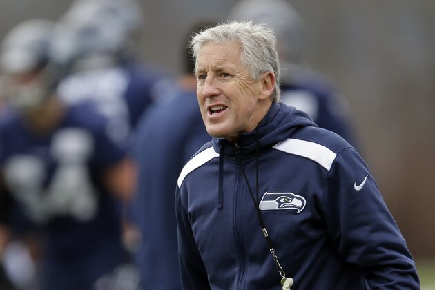 Seattle Seahawks head coach Pete Carroll walks on the field during practice drills Wednesday, Jan. 7, 2015 in Renton, Wash. The Seahawks will play the Carolina Panthers on Saturday in an NFL football divisional playoff game. (AP Photo/Ted S. Warren)