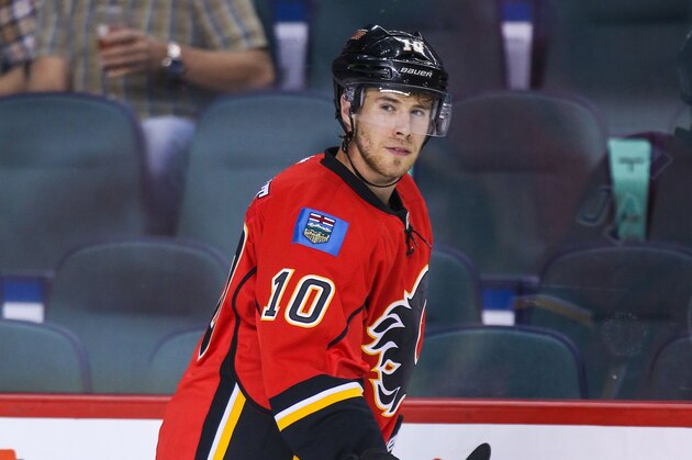 Sep 25, 2014; Calgary, Alberta, CAN; Calgary Flames center Corban Knight (10) skates during the warmup period against the Vancouver Canucks at Scotiabank Saddledome. Vancouver Canucks won 3-1. Mandatory Credit: Sergei Belski-USA TODAY Sports