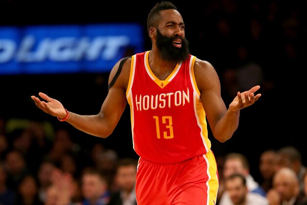 NEW YORK, NY - JANUARY 08: James Harden #13 of the Houston Rockets reacts after no foul was called against the New York Knicks at Madison Square Garden on January 8, 2015 in New York City.The Houston Rockets defeated the New York Knicks 120-96. NOTE TO USER: User expressly acknowledges and agrees that, by downloading and/or using this photograph, user is consenting to the terms and conditions of the Getty Images License Agreement. (Photo by Elsa/Getty Images) NEW YORK, NY - JANUARY 08: James Harden #13 of the Houston Rockets reacts after no foul was called against the New York Knicks at Madison Square Garden on January 8, 2015 in New York City.The Houston Rockets defeated the New York Knicks 120-96. NOTE TO USER: User expressly acknowledges and agrees that, by downloading and/or using this photograph, user is consenting to the terms and conditions of the Getty Images License Agreement. (Photo by Elsa/Getty Images)