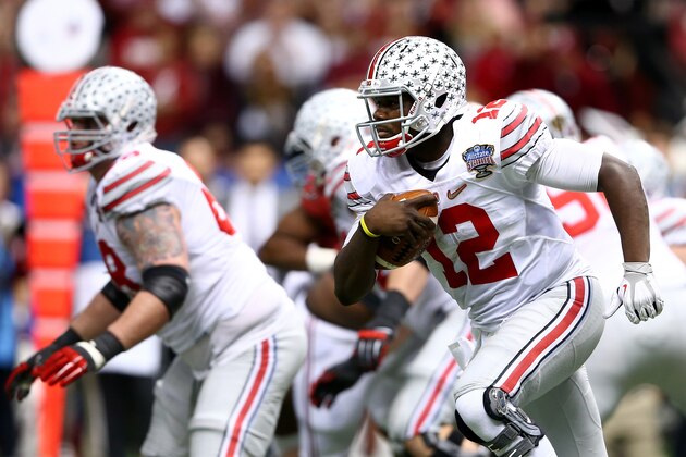 NEW ORLEANS, LA - JANUARY 01:  Cardale Jones #12 of the Ohio State Buckeyes in action against the Alabama Crimson Tide during the All State Sugar Bowl at the Mercedes-Benz Superdome on January 1, 2015 in New Orleans, Louisiana.  (Photo by Streeter Lecka/Getty Images)