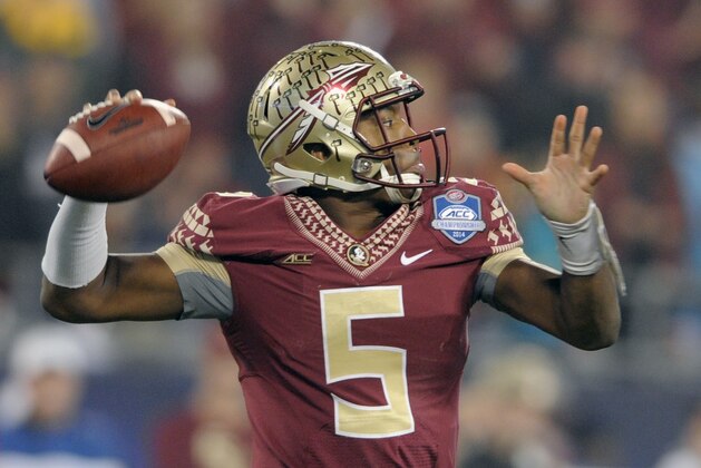 Florida State quarterback Jameis Winston (5) looks to pass against Georgia Tech during the first half of the Atlantic Coast Conference championship NCAA college football game in Charlotte, N.C., Saturday, Dec. 6, 2014. (AP Photo/Mike McCarn)