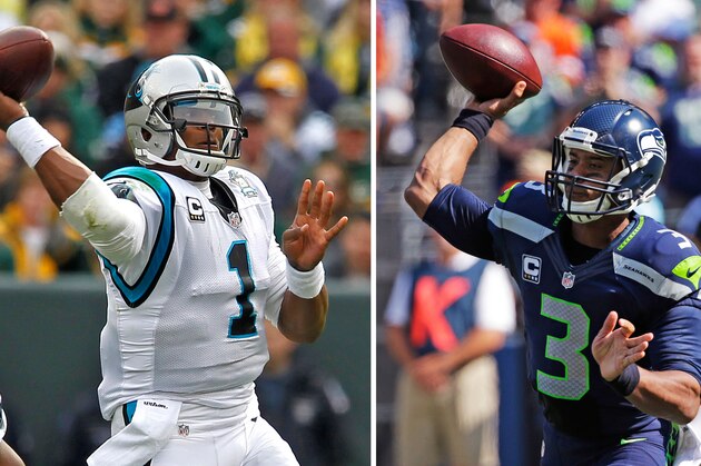 FILE - At left, in an Oct. 19, 2014, file photo, Carolina Panthers quarterback Cam Newton passes against the Green Bay Packers during an NFL football game  in Green Bay, Wisc. Ar tight, in a Sept. 21, 2014, file photo, Seattle Seahawks quarterback Russell Wilson passes during the first half an NFL football game against the Denver Broncos in Seattle. There will be no talk about “game managers” for the rest of these NFL playoffs, or quarterbacks who are still in the hunt solely because they’re surrounded by a great defense or running game. Quite simply, the eight signal callers still chasing the Super Bowl have pedigree.(AP Photo/File)