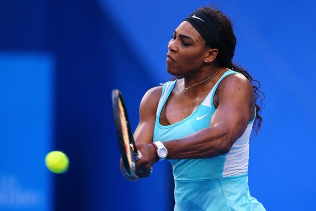 PERTH, AUSTRALIA - JANUARY 08:  Serena Williams of the United States plays a backhand in her singles match against Lucie Safarova of the Czech Republic during day five of the 2015 Hopman Cup at Perth Arena on January 8, 2015 in Perth, Australia.  (Photo by Paul Kane/Getty Images)