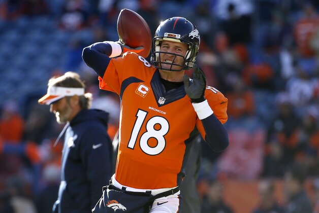 Denver Broncos quarterback Peyton Manning (18) warms up prior to an NFL football game against the Oakland Raiders, Sunday, Dec. 28, 2014, in Denver. (AP Photo/Jack Dempsey)