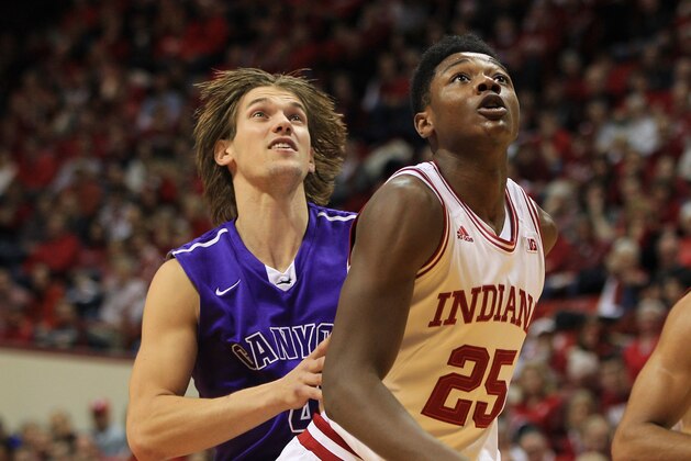 Dec 13, 2014; Bloomington, IN, USA;  Grand Canyon Antelopes guard Ryan Majerle (4) and Indiana Hoosiers forward Emmitt Holt (25) battle for position during the second half at Assembly Hall. Indiana defeated Grand Canyon 94-66. Mandatory Credit: Pat Lovell-USA TODAY Sports