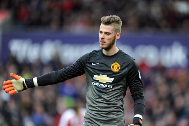 Manchester United's David De Gea during their English Premier League soccer match against Stoke City at the Britannia Stadium in Stoke on Trent, England, Thursday Jan. 1, 2015. (AP Photo/Clint Hughes)