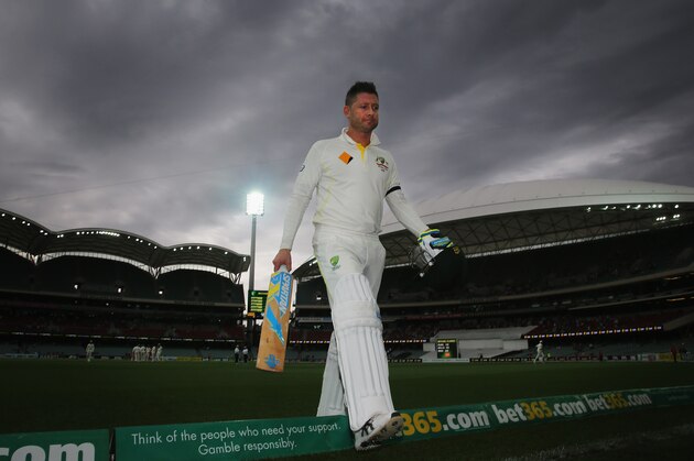 ADELAIDE, AUSTRALIA - DECEMBER 10:  Michael Clarke of Australia leaves the field after being dismissed during day two of the First Test match between Australia and India at Adelaide Oval on December 10, 2014 in Adelaide, Australia.  (Photo by Scott Barbour/Getty Images)