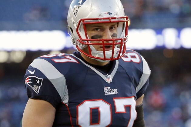 New England Patriots tight end Rob Gronkowski (87) before an NFL divisional playoff football game against the Baltimore Ravens Saturday, Jan. 10, 2015, in Foxborough, Mass. (AP Photo/Elise Amendola)