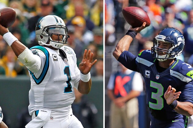 FILE - At left, in an Oct. 19, 2014, file photo, Carolina Panthers quarterback Cam Newton passes against the Green Bay Packers during an NFL football game  in Green Bay, Wisc. Ar tight, in a Sept. 21, 2014, file photo, Seattle Seahawks quarterback Russell Wilson passes during the first half an NFL football game against the Denver Broncos in Seattle. There will be no talk about “game managers” for the rest of these NFL playoffs, or quarterbacks who are still in the hunt solely because they’re surrounded by a great defense or running game. Quite simply, the eight signal callers still chasing the Super Bowl have pedigree.(AP Photo/File)