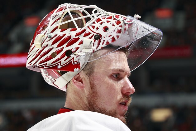 VANCOUVER, BC - JANUARY 3:  Jimmy Howard #35 of the Detroit Red Wings looks on from the bench during their NHL game against the Vancouver Canucks at Rogers Arena January 3, 2015 in Vancouver, British Columbia, Canada.  (Photo by Jeff Vinnick/NHLI via Getty Images)