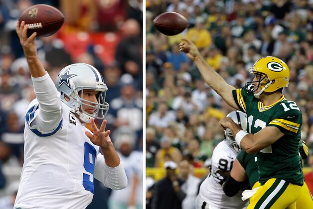FILE - At left, in a Dec. 28, 2014, file photo, Dallas Cowboys quarterback Tony Romo passes the ball during the first half of an NFL football game against the Washington Redskins in Landover, Md. At left, in an Aug. 22, 2014, file photo,  Green Bay Packers quarterback Aaron Rodgers (12) throws a pass against the Oakland Raiders during the first half of an NFL preseason football game in Green Bay, Wisc. There will be no talk about “game managers” for the rest of these NFL playoffs, or quarterbacks who are still in the hunt solely because they’re surrounded by a great defense or running game. Quite simply, the eight signal callers still chasing the Super Bowl have pedigree.(AP Photo/Morry Gash, File)