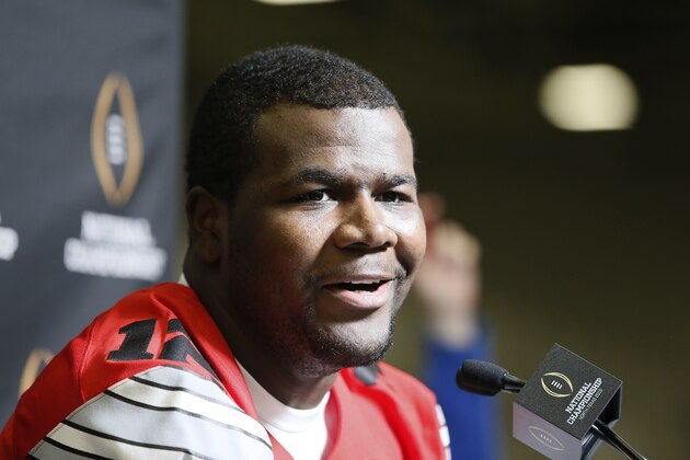 Ohio State quarterback Cardale Jones (12) smiles as he responds to questions during media day for the NCAA college football playoff championship, Saturday, Jan. 10, 2015, in Dallas. Ohio State is scheduled to play Oregon on Monday. (AP Photo/Tony Gutierrez) Ohio State quarterback Cardale Jones (12) smiles as he responds to questions during media day for the NCAA college football playoff championship, Saturday, Jan. 10, 2015, in Dallas. Ohio State is scheduled to play Oregon on Monday. (AP Photo/Tony Gutierrez)