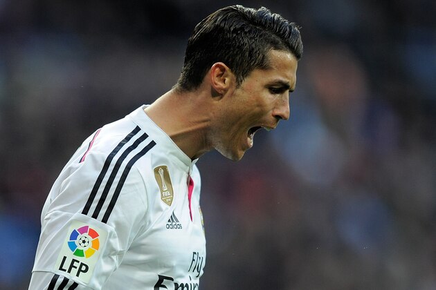MADRID, SPAIN - JANUARY 10: Cristiano Ronaldo of Real Madrid reacts during the La Liga match between Real Madrid CF and RCD Espanyol at Estadio Santiago Bernabeu on January 10, 2015 in Madrid, Spain.  (Photo by Denis Doyle/Getty Images)