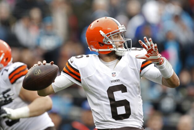 Cleveland Browns' Brian Hoyer (6) prepares to throw against the Carolina Panthers during the second half of an NFL football game in Charlotte, N.C., Sunday, Dec. 21, 2014. The Panthers won 17-13. (AP Photo/Bob Leverone)