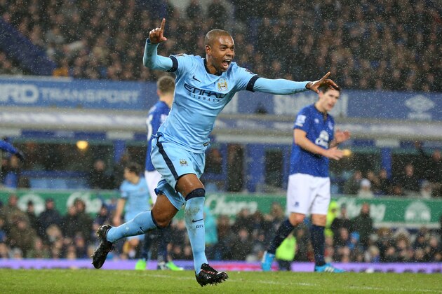 LIVERPOOL, ENGLAND - JANUARY 10:  Fernandinho  of Manchester City celebrates after scoring the opening goal during the Barclays Premier League match between Everton and Manchester City at Goodison Park on January 10, 2015 in Liverpool, England.  (Photo by Alex Livesey/Getty Images)