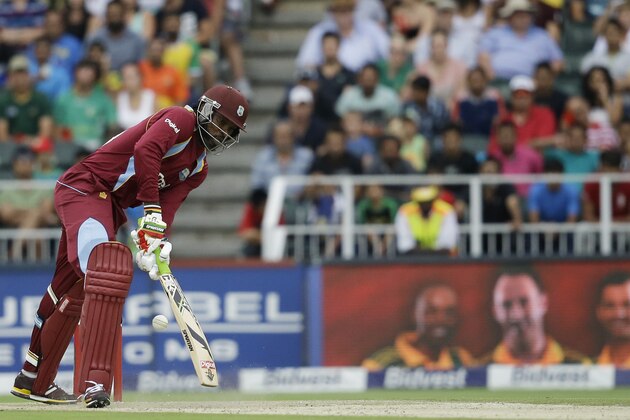 West Indies’s batsman Chris Gayle plays a shot during their 2nd T20 cricket match against South Africa at the Wanderers stadium in Johannesburg, South Africa, Sunday, Jan. 11, 2015. (AP Photo/Themba Hadebe)