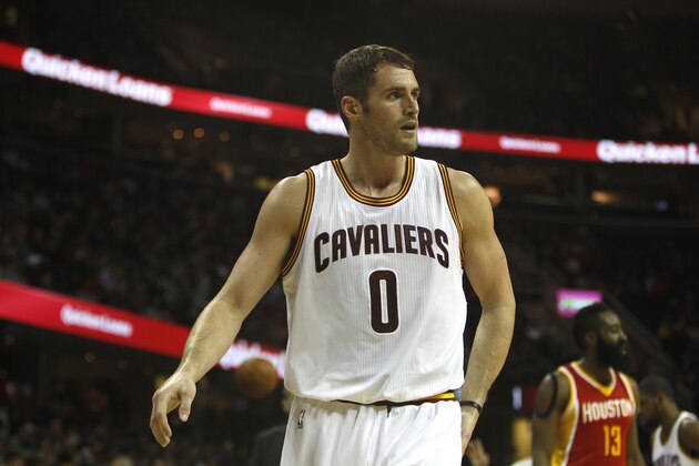 CLEVELAND, OH - JANUARY 7: Kevin Love #0 of the Cleveland Cavaliers walks to the bench during the first half against the Houston Rockets during their game on January 7, 2015 at Quicken Loans Arena in Cleveland, Ohio. The Rockets defeated the Cavaliers 105-93. NOTE TO USER: User expressly acknowledges and agrees that, by downloading and or using this photograph, User is consenting to the terms and conditions of the Getty Images License Agreement. (Photo by David Maxwell/Getty Images)