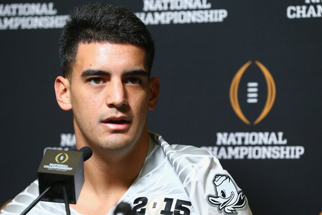 DALLAS, TX - JANUARY 10:  Marcus Mariota #8 of the Oregon Ducks during Media Day for the College Football Playoff National Championship at Dallas Convention Center on January 10, 2015 in Dallas, Texas.  (Photo by Ronald Martinez/Getty Images)