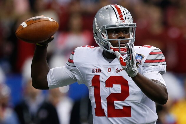 NEW ORLEANS, LA - JANUARY 01:  Cardale Jones #12 of the Ohio State Buckeyes throws a pass during the first half against Alabama  at the All State Sugar Bowl against Alabama Crimson Tide at the Mercedes-Benz Superdome on January 1, 2015 in New Orleans, Louisiana.  (Photo by Sean Gardner/Getty Images)