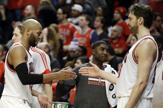 Chicago Bulls forward Taj Gibson (22) celebrates with center Pau Gasol (16) at the bench during overtime of an NBA basketball game against the Boston Celtics in Chicago on Saturday, Jan. 3, 2015. The Bulls won in overtime 109-104.  (AP Photo/Nam Y. Huh)