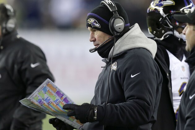 Baltimore Ravens offensive coordinator Gary Kubiak in the second half of an NFL divisional playoff football game against the New England Patriots Saturday, Jan. 10, 2015, in Foxborough, Mass. (AP Photo/Charles Krupa)