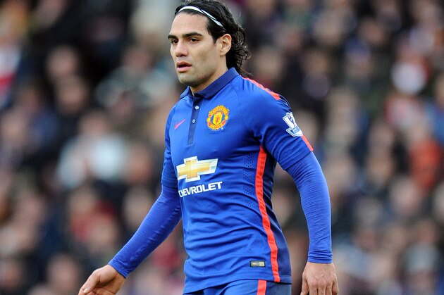 Manchester United's Radamel Falcao during their English Premier League soccer match against Stoke City at the Britannia Stadium in Stoke on Trent, England, Thursday Jan. 1, 2015. (AP Photo/Clint Hughes)