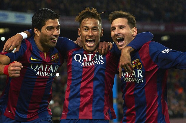 FC Barcelona's Lionel Messi, from Argentine, right, Neymar, from Brazil, center, and Luis Suarez, from Uruguay, celebrate after scoring against Atletico Madrid during a Spanish La Liga soccer match at the Camp Nou stadium in Barcelona, Spain, Sunday, Jan. 11, 2015. (AP Photo/Siu Wu)