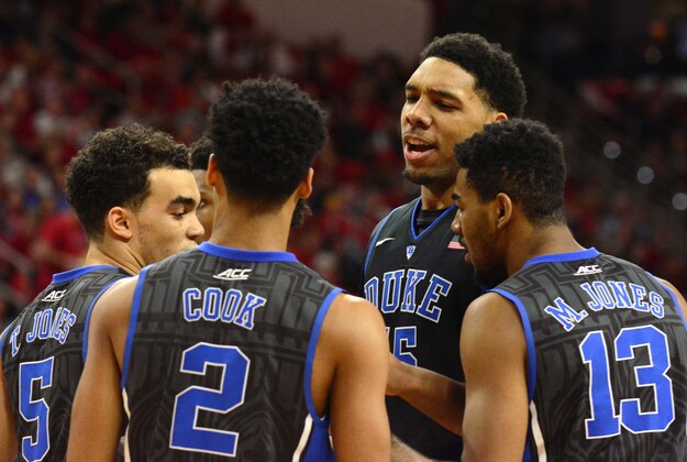 Jan 11, 2015; Raleigh, NC, USA; Duke Blue Devils center Jahlil Okafor (15) and his teammates huddle during the first half against the North Carolina State Wolfpack at PNC Arena. Mandatory Credit: Rob Kinnan-USA TODAY Sports