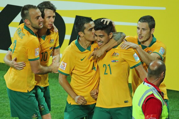 MELBOURNE, AUSTRALIA - JANUARY 09:  Massimo Luongo of the Socceroos is congratulated by Tim Cahill and his teammates after scoring a goal during the 2015 Asian Cup match between the Australian Socceroos and Kuwait at AAMI Park on January 9, 2015 in Melbourne, Australia.  (Photo by Scott Barbour/Getty Images)