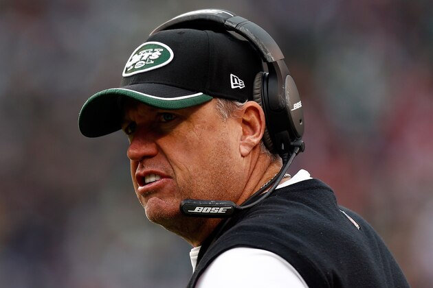 EAST RUTHERFORD, NJ - DECEMBER 21:  Head coach Rex Ryan of the New York Jets reacts on the sideline against the New England Patriots during a game at MetLife Stadium on December 21, 2014 in East Rutherford, New Jersey.  (Photo by Jeff Zelevansky/Getty Images)
