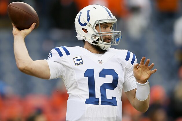 Indianapolis Colts quarterback Andrew Luck warms up prior to an NFL divisional playoff football game against the Denver Broncos, Sunday, Jan. 11, 2015, in Denver. (AP Photo/Joe Mahoney)