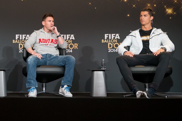 ZURICH, SWITZERLAND - JANUARY 12: FIFA Ballon d'Or nominees Manuel Neuer of Germany and FC Bayern Munich, Lionel Messi of Argentina and FC Barcelona and Cristiano Ronaldo of Portugal and Real Madrid (L-R) attends a press conference prior to the FIFA Ballon d'Or Gala 2014 at the Kongresshaus on January 12, 2015 in Zurich, Switzerland. (Photo by Philipp Schmidli/Getty Images)