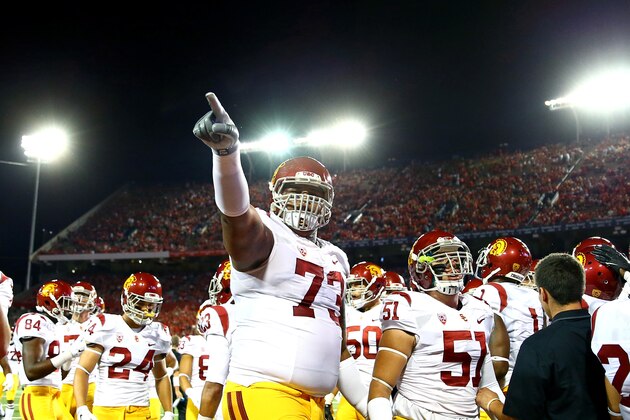 Oct 11, 2014; Tucson, AZ, USA; Southern California Trojans offensive tackle Zach Banner (73) reacts prior to the game against the Arizona Wildcats at Arizona Stadium. Mandatory Credit: Mark J. Rebilas-USA TODAY Sports