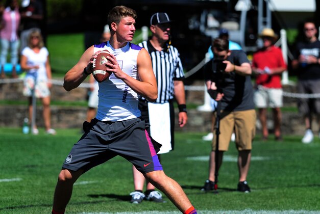 Jul 10, 2014; Beaverton, OR, USA; Apocalypse quarterback Blake Barnett (12) passes the ball during Nike Football ' The Opening' at Nike World Headquarters.  Mandatory Credit: Steve Dykes-USA TODAY Sports