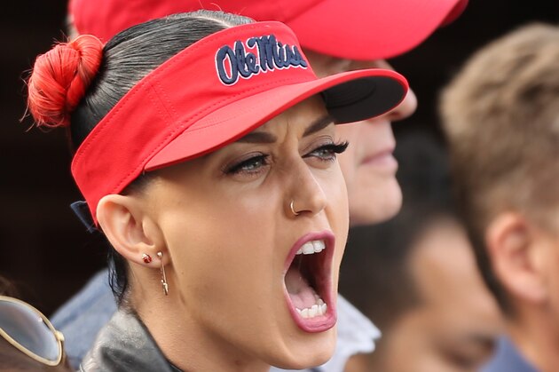 OXFORD, MS - OCTOBER 4: Singer and songwriter Katy Perry watches the action between the Ole Miss Rebels and the Alabama Crimson Tide on October 4, 2014 at Vaught-Hemingway Stadium in Oxford, Mississippi.  (Photo by Joe Murphy/Getty Images)