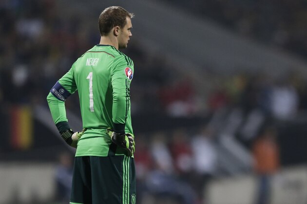Germany's goalkeeper Manuel Neuer watches his team during a Group D Euro 2016 qualifying match between Germany and Gibraltar in Nuremberg, Germany, Friday, Nov.14, 2014. (AP Photo/Matthias Schrader)