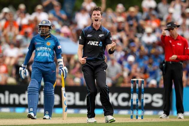 CHRISTCHURCH, NEW ZEALAND - JANUARY 11:  Adam Milne of New Zealand celebrates the wicket of Dimuth Karunaratne of Sri Lanka during the One Day International match between New Zealand and Sri Lanka at Hagley Oval on January 11, 2015 in Christchurch, New Zealand.  (Photo by Martin Hunter/Getty Images)