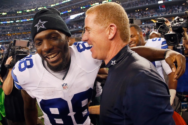 ARLINGTON, TX - DECEMBER 21:   Dez Bryant #88 of the Dallas Cowboys celebrates with head coach Jason Garrett of the Dallas Cowboys after the Cowboys beat the Colts 42-7 at AT&T Stadium on December 21, 2014 in Arlington, Texas.  (Photo by Tom Pennington/Getty Images)