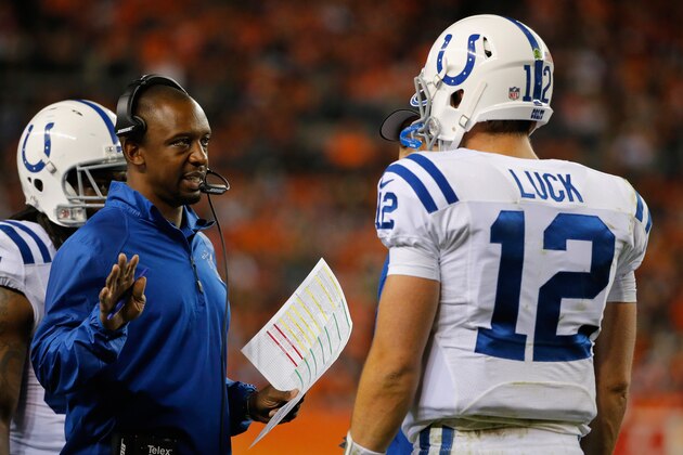 DENVER, CO - SEPTEMBER 07:  Indianapolis Colts offensive coordinator Pep Hamilton talks with quarterback Andrew Luck #12 of the Indianapolis Colts during a time out against the Denver Broncos at Sports Authority Field at Mile High on September 7, 2014 in Denver, Colorado. The Broncos defeated the Colts 31-24.  (Photo by Doug Pensinger/Getty Images)